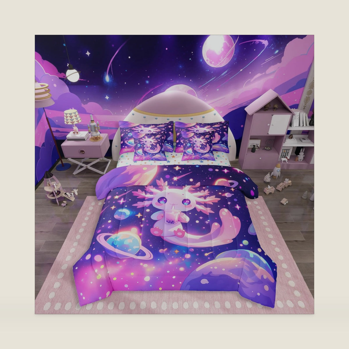 Feelyou Kids Cute Axolotl Comforter Set with Sheets Twin Size, Galaxy Planet Space 7 Pieces Bedding Set Boys Girls Cartoon Animal Bed in A Bag Dreamy Starry Teens Bed Set Bedroom Decor 7Pcs