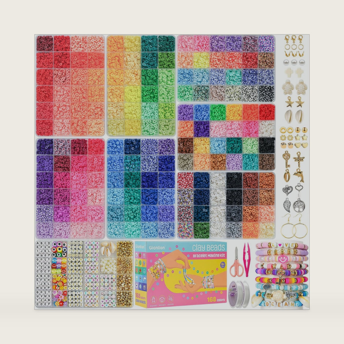 Gionlion 30,000 Pcs Clay Beads Bracelet Making Kit, 168 Colors 8 Boxes Flat Preppy Beads for Friendship Bracelets, Jewelry Kit with Pendant Charms Elastic String Crafts Arts Crafts Gifts