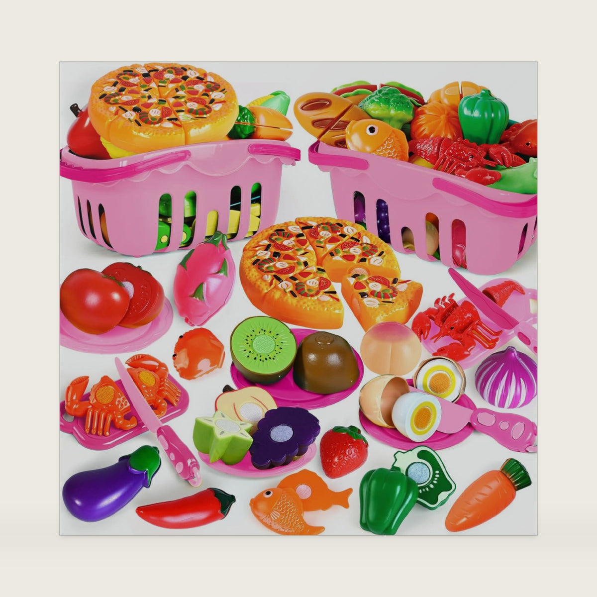 100 Pcs Play Food Set for Kids Kitchen, Pretend Food Toy for Toddlers, Play Kitchen Toys Accessories with 2 Baskets, Cutting Fake Food/Fruit/Vegetable, Christmas Birthday Gifts for Boys and Girls