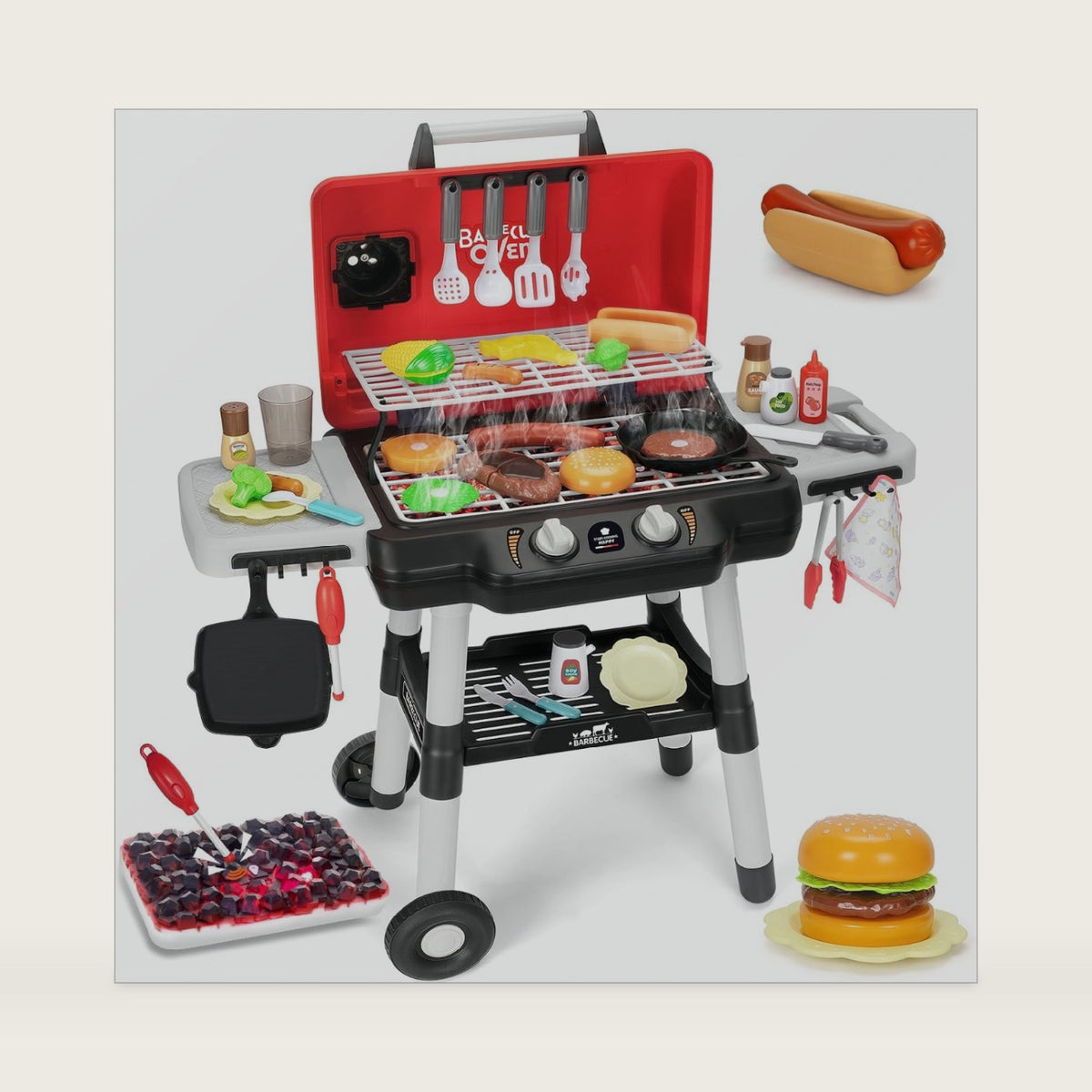 Kids Play Kitchen Toys, Kids BBQ Grill Playset with Smoke Sound Light, 2-Layer Barbecue Toy with Wheels, Outdoor Play Food Toys Cooking Set for Toddlers 3-5, Birthday for Boys Girls