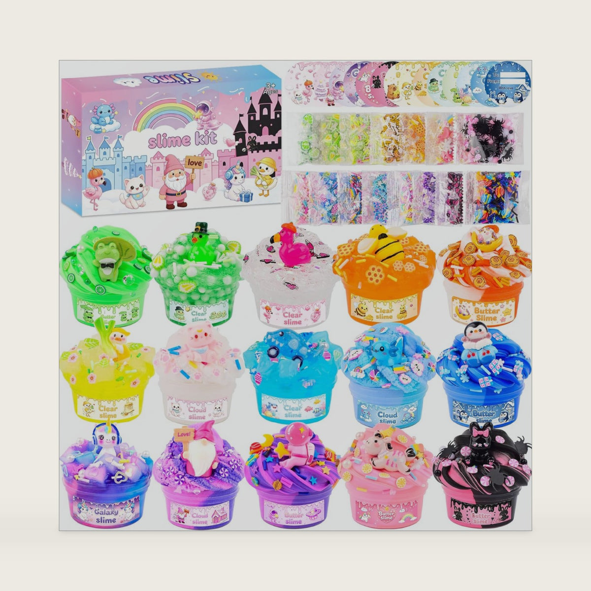 15 Pack Slime Kit for Kids, Butter Clear Cloud & Galaxy Slime, 45ML Slime with Charms Mix-Ins Gift Bags & Cards, Soft Stretchy DIY Slime Party Favors, Birthday Gifts for Girls Boys Ages 3+