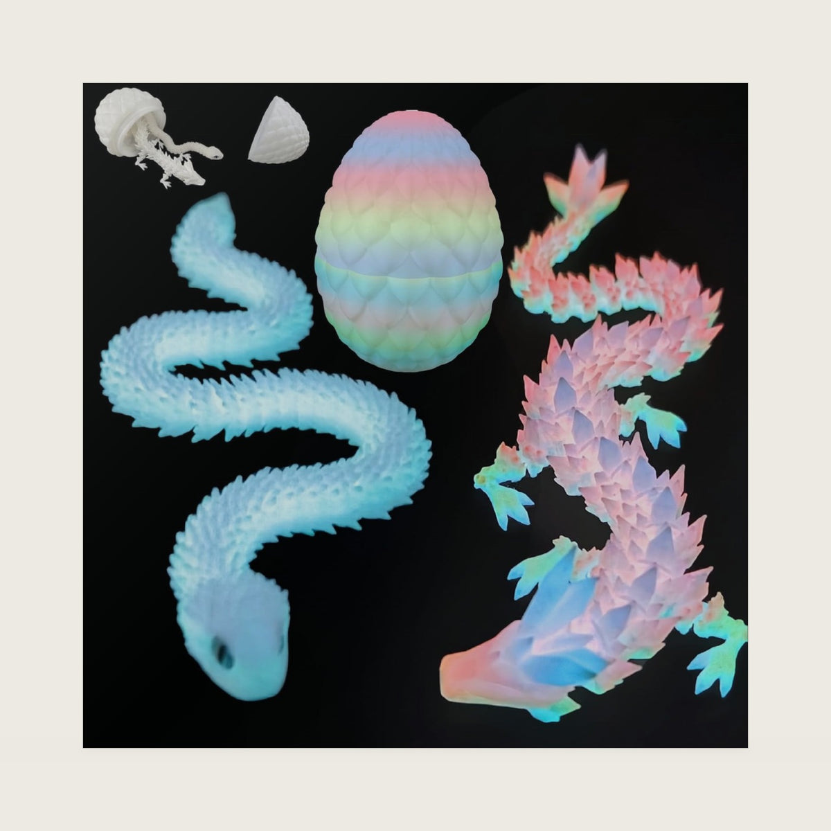 3D Printed Dragon Snake Eggs, Flexible 3D Printed Animal Toys UV Glow in the Dark, Desk Pet for Animal Collectors, Easter Basket Essentials for Teens, Articulated Crystal Dragon Fidget Toys for Adults
