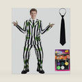 Men's Black, White & Green Striped Halloween Costume, Adult Cosplay Suit with Necktie and Face Paint for Horror Themed