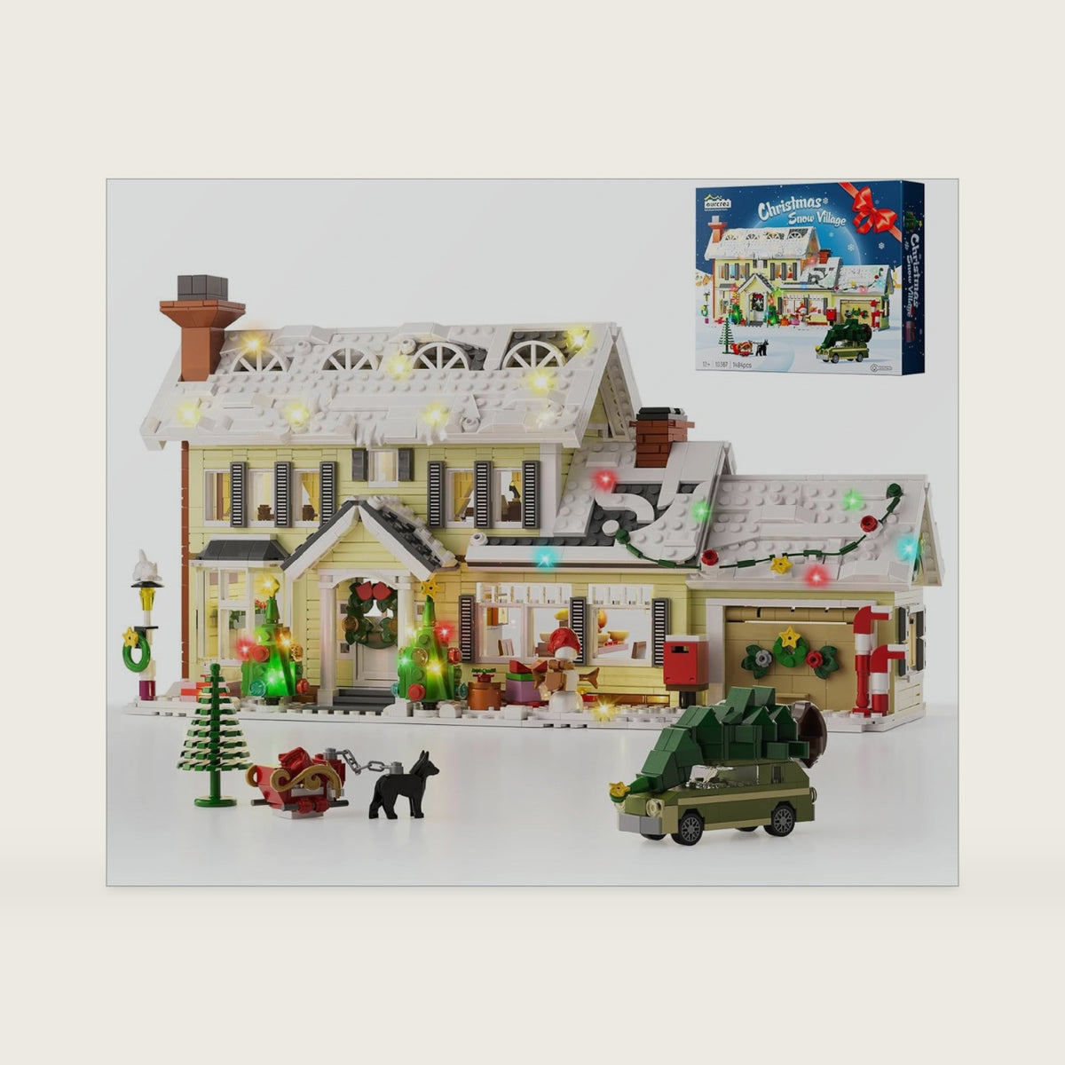 Christmas Holiday House Building Set, DIY Christmas Holiday Snow Village with Clark's Car, Christmas House Compatible with Lego Gifts for Boys, Girls, Family, and Friends (1484pcs)
