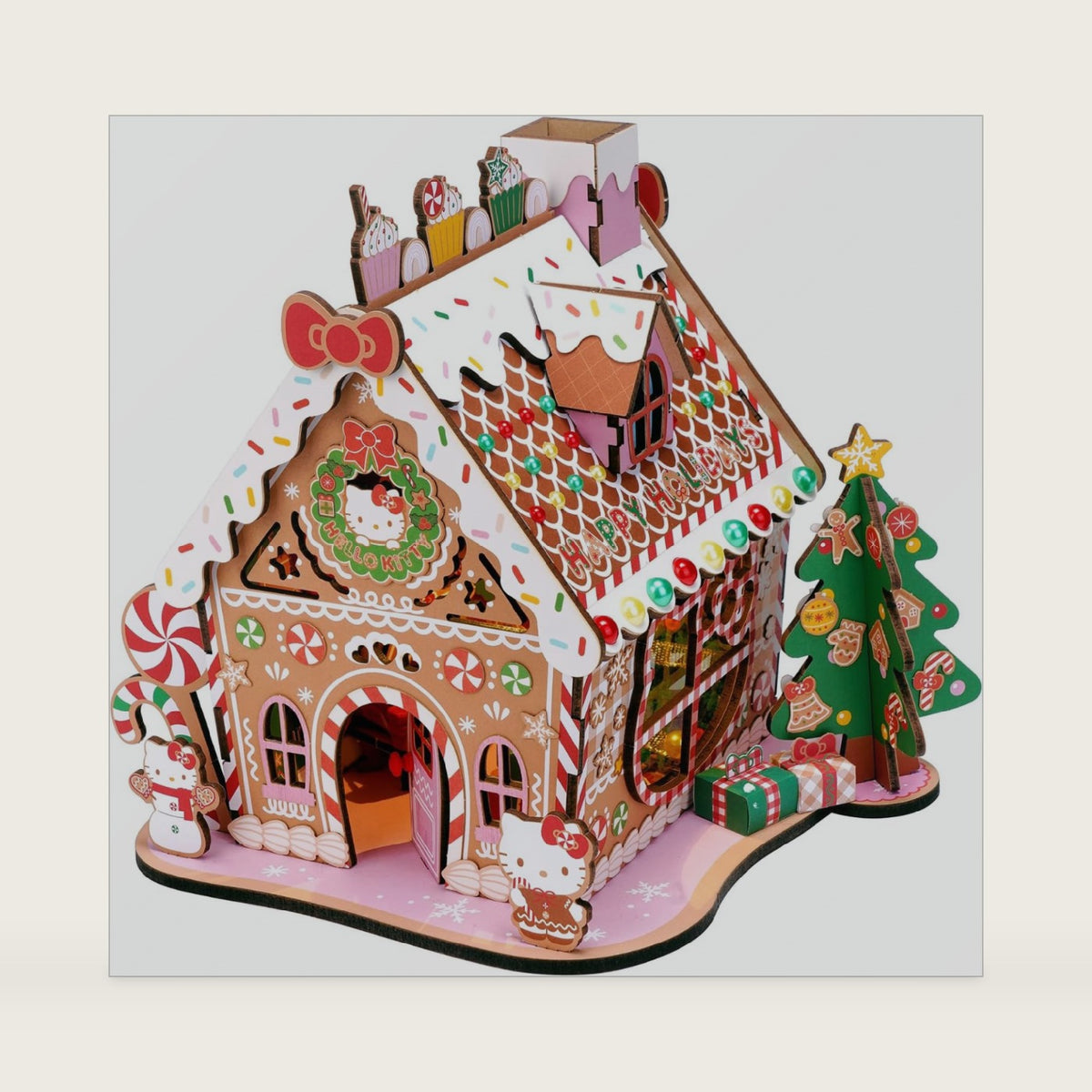 Hands Craft Hello Kitty Gingerbread House Kit – Wooden Holiday 3D Puzzle. DIY Christmas Craft Set, Winter Home Decor Holiday Display, Christmas Decoration and 3D Model for Ages 14 and Up