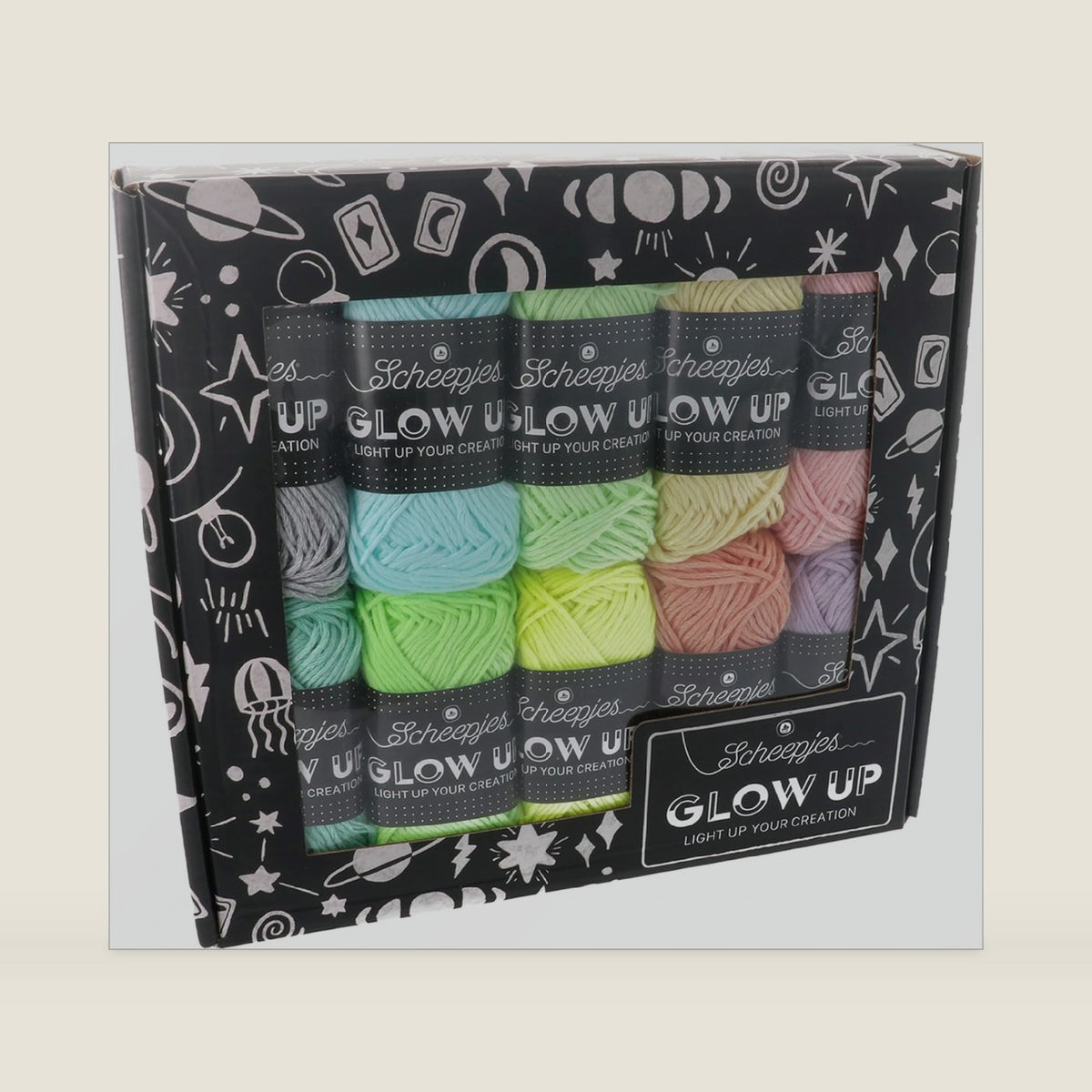 Scheepjes Glow Up Color Pack, 10 x 25g Skeins, Pink, Yellow, Green