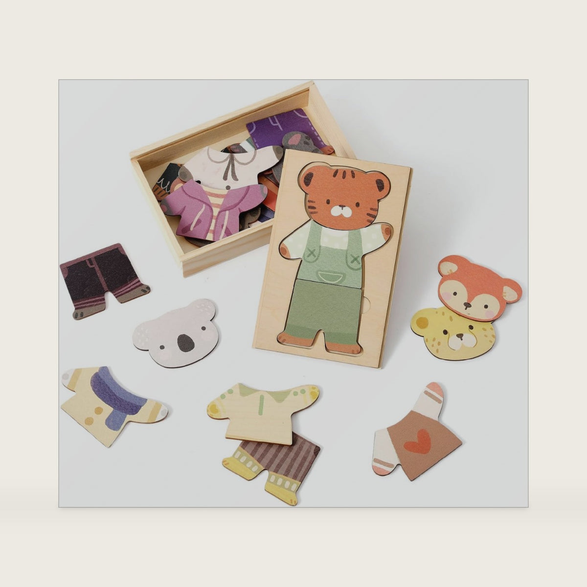 Wooden Animal Dress-Up Puzzle for Ages 3+, 21 Mix-and-Match Pieces with Storage Box, Montessori Matching Toy for Fine Motor Skills and Imaginative Play, Birthday