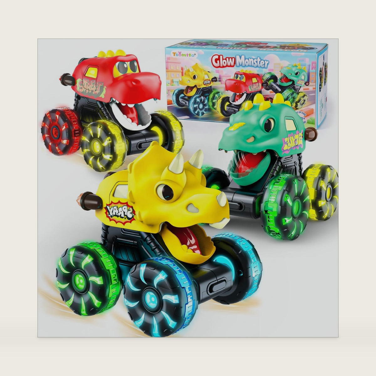 Monster Truck Toys Dinosaur Cars, Press and Go Light Up Cars for Toddlers