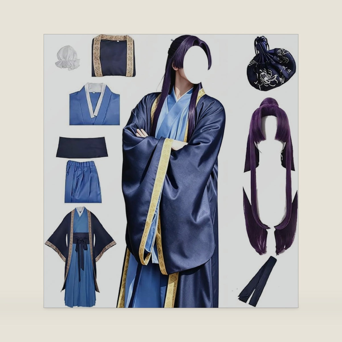 Costume Outfit With Sachet and Purple Long Wig Halloween Uniform Full Set