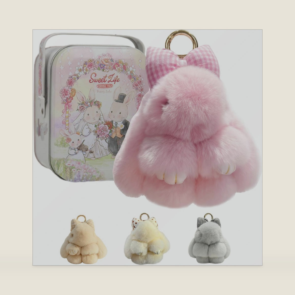 Bunny Keychain with Decorative Tin Box, Fluffy Rabbit Bag Charm
