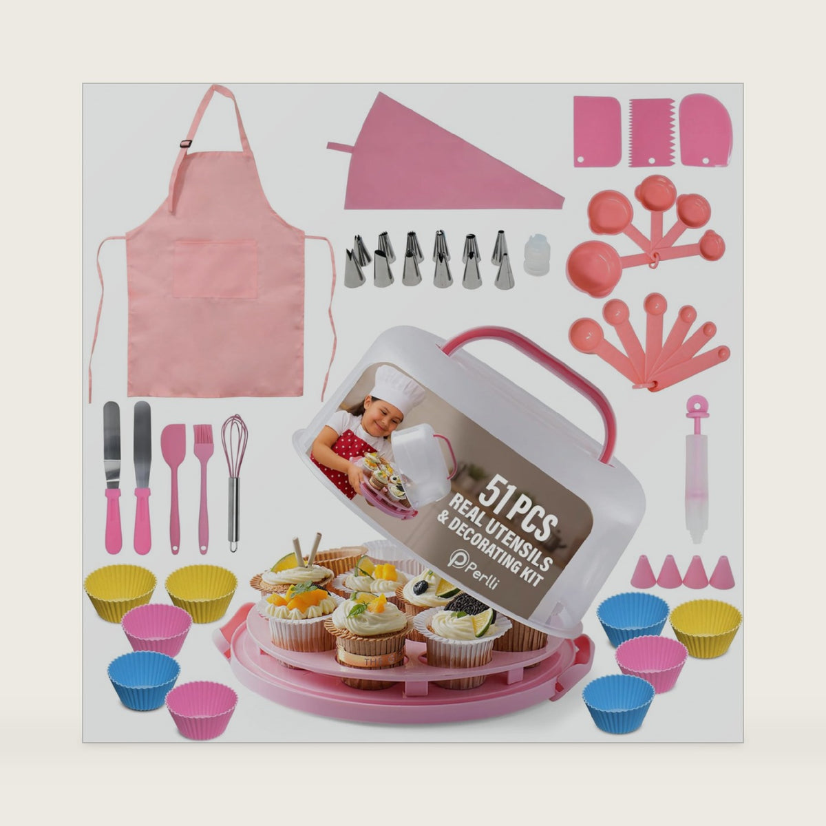 Perlli Kids Cake & Cupcake Baking Set – 51 Pieces Real Utensils & Decorating Kit with Carrier Safe Baking Supplies Gift for Junior Chefs Girls & Boys (Pink)