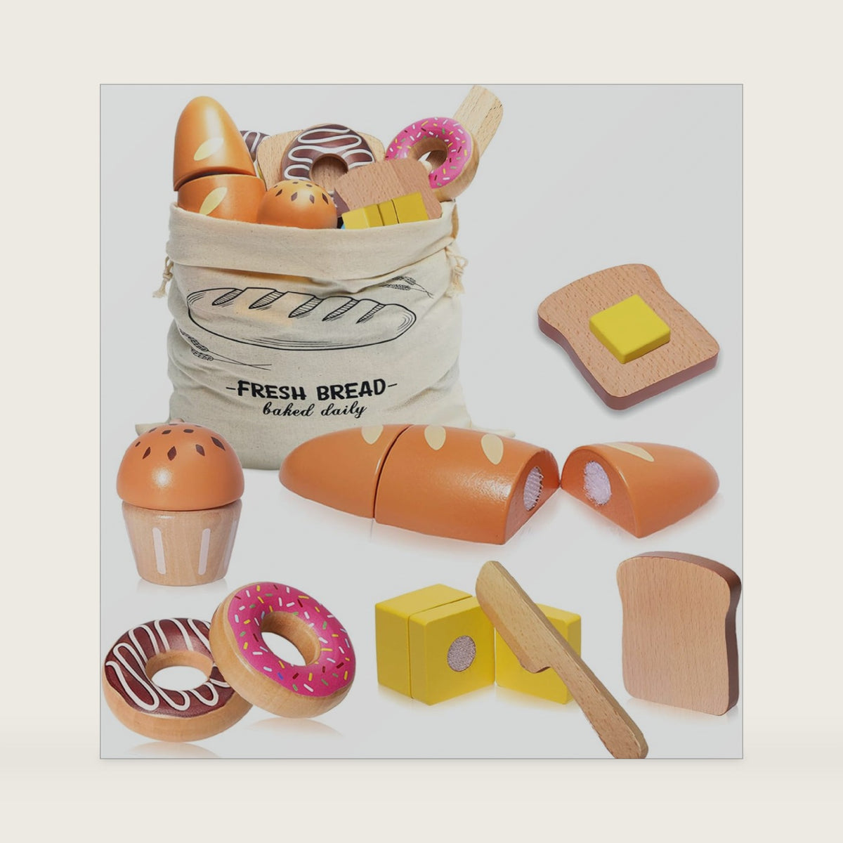 Wooden Bakery Playset Food Toys, Kids Pretend Play Food Baking Set Kitchen Accessories with Storage Bag, Pretend Play Bread Cutting Food for Boys Girls 3+