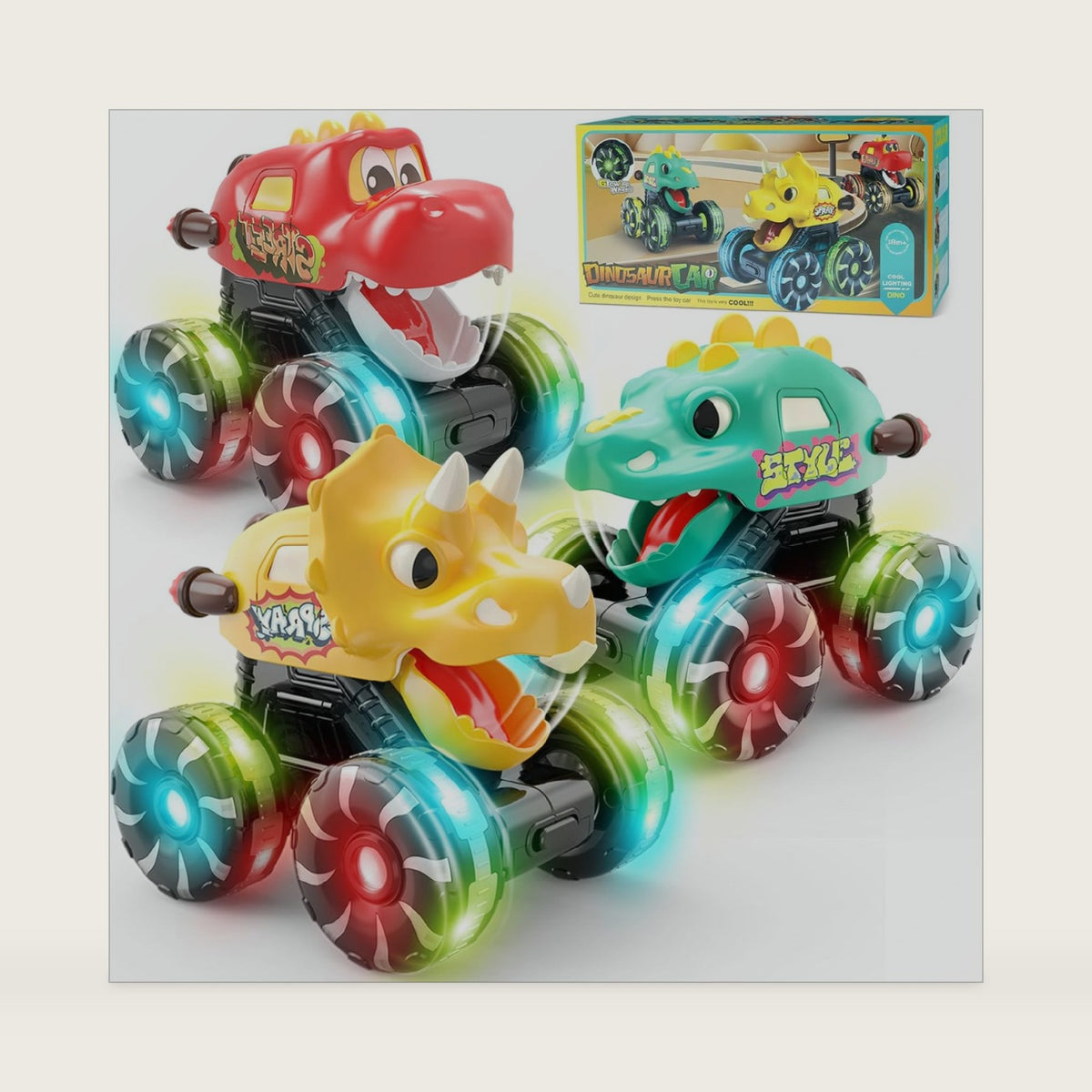 Intoypad 3 Pack Dinosaur Monster Truck Car Toys Light-Up Press & Go Toy Car