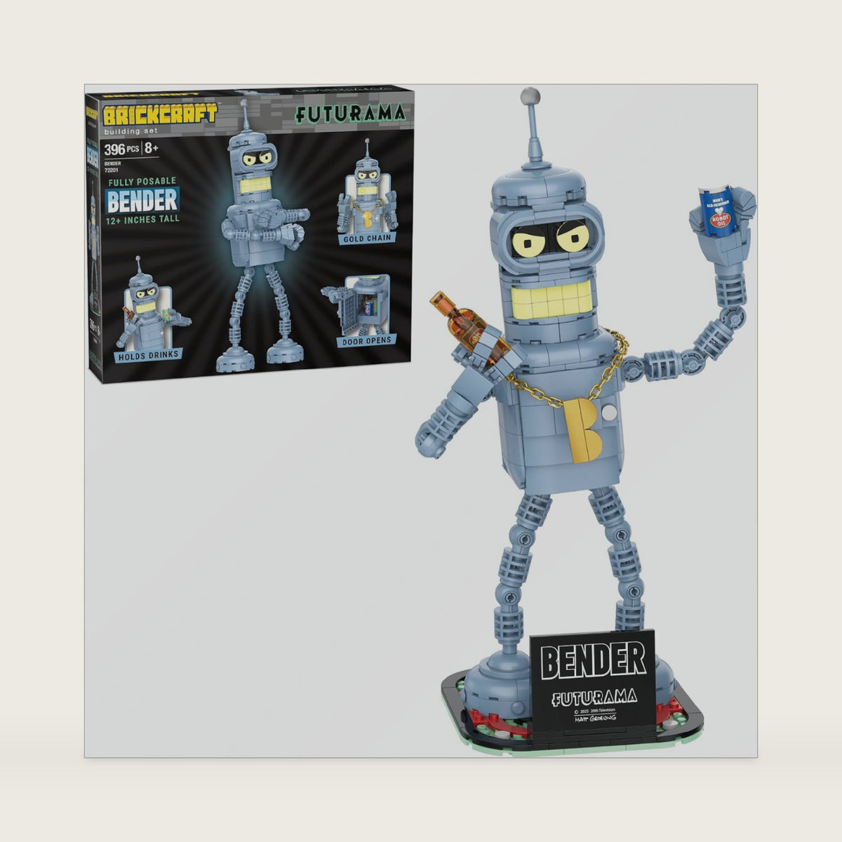 Brickcraft Futurama Bender Brick Building Kit | 396-Piece Posable Robot Figure with Gold Chain & Drinks | Sci-Fi Collectible Display Model, Holiday for Adults, Teens & Animated TV Fans