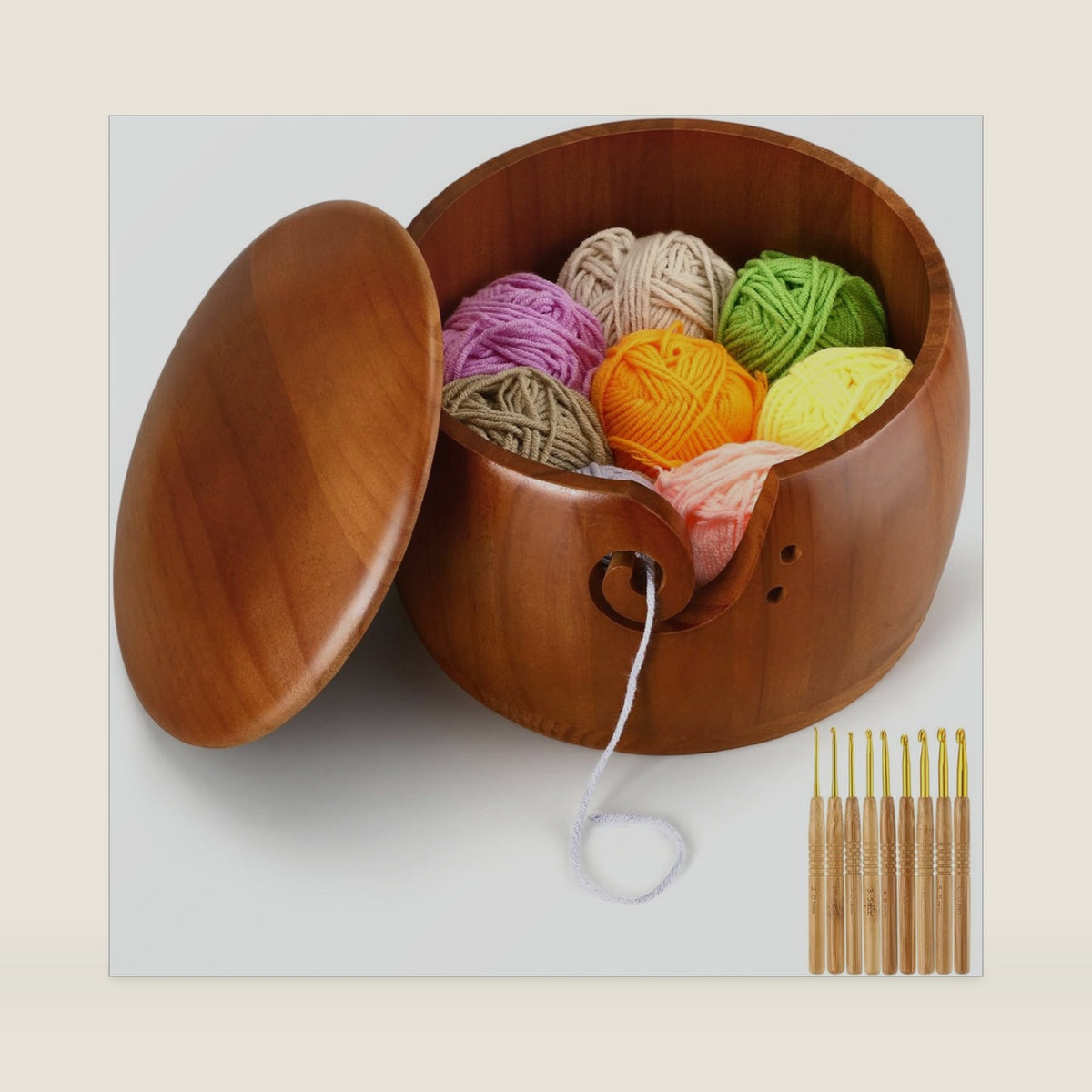 Giegxin Large Wooden Yarn Bowl with Lid 9"x9"x6" Yarn Holder for Knitting Craft Pine Wool Storage with 9 Pcs Crochet Hooks Handmade Crochet Kit Organizer Accessories for String (Dark Brown, Classic)