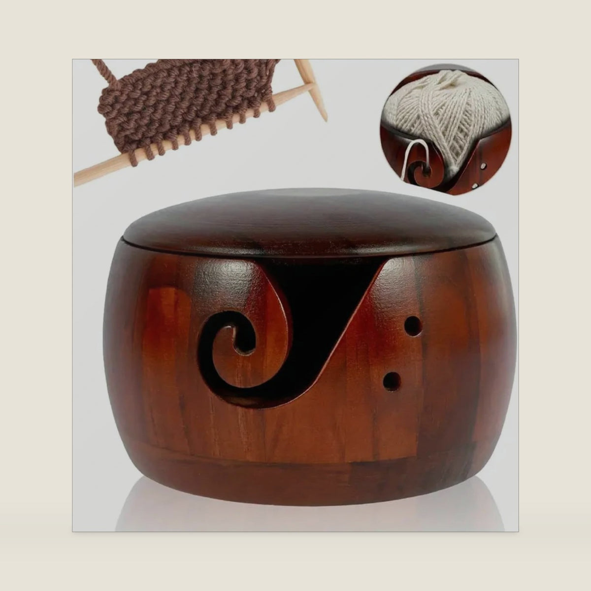 Wooden Yarn Bowl with Lid, Crochet Yarn Bowl with Holes Storage, 5.9x3.7in Knitting Bowl for Handmade Crocheting Accessories, Yarn Storage Bowls for Knitting and Crocheting