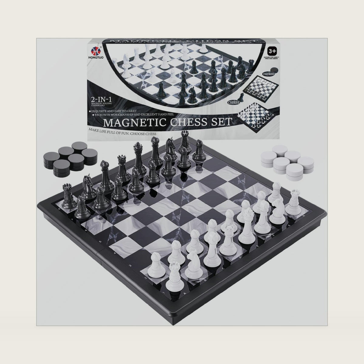 HONGTUO 2-in-1 Chess Set and Magnetic Checkers Set, 13-inch Chess Board