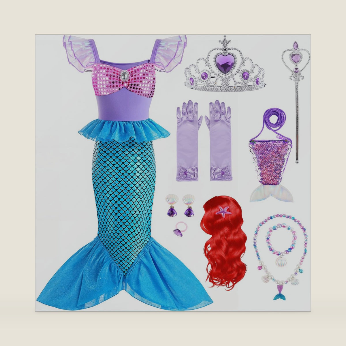 Girls Little Mermaid Costume Dress Up for Halloween Cosplay Party 3-7 Years