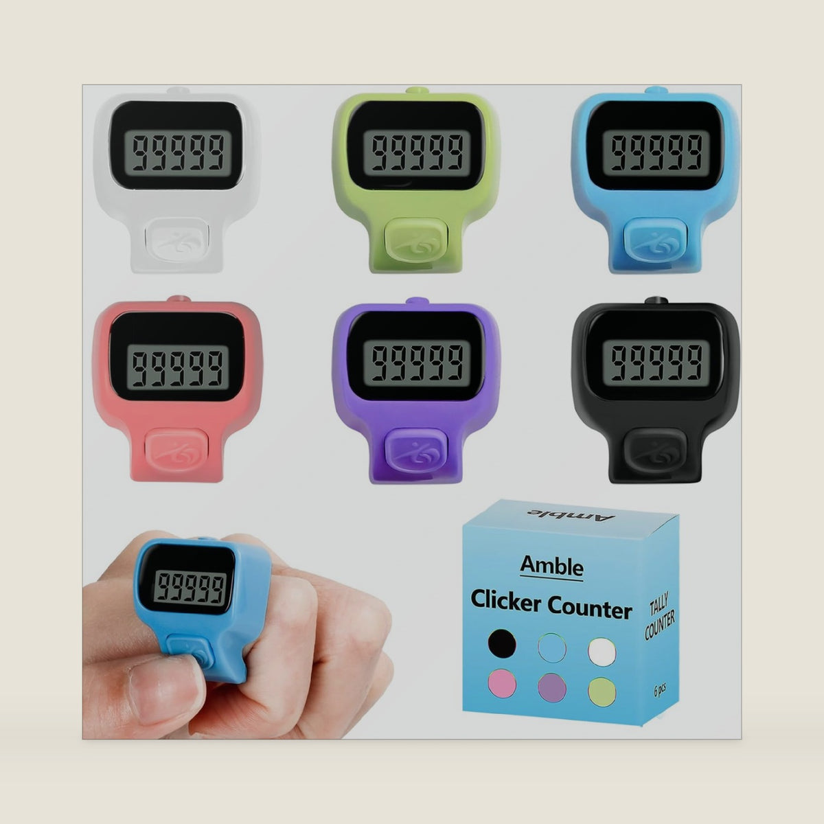Amble Clicker Counter, Tally Counter, 6 Pack Electronic Finger Clicker for Knitting, Crochet, Stitch, Golf, Fishing, Lap, Goods Counting