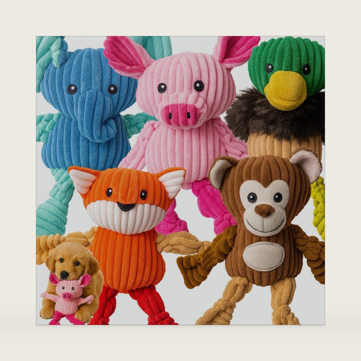 Jalousie Plush Toys Assortment Value Bundle Puppy Pet Mutt Squeak Toy for Medium Large Dogs (5 Pack Knotted)