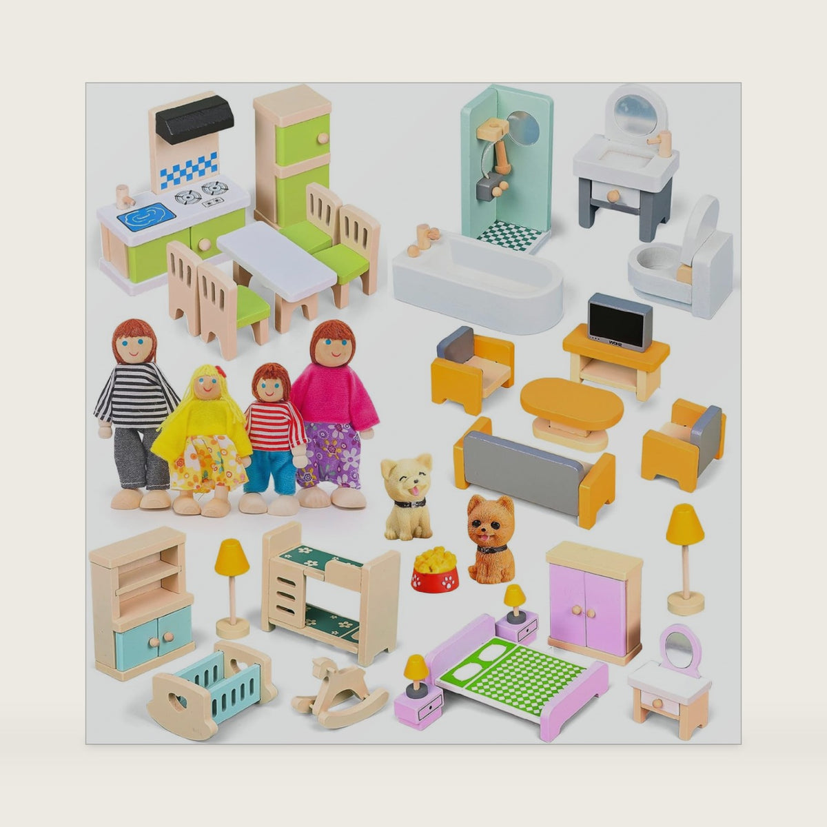 HAPGFS 36PCS Wooden Dollhouse Furniture Set with 4 Flexible Family Dolls - 5 Room Realistic Doll House Accessories for Toddlers 3 4 5 6, Pretend Play Toys Gift for Birthday and Christmas