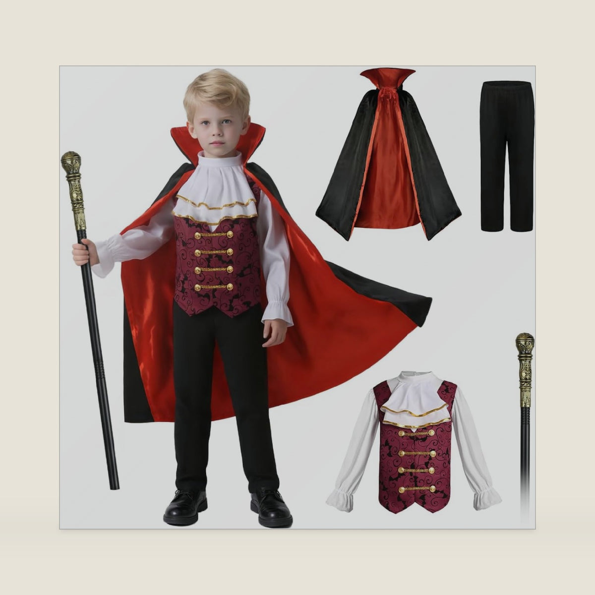 VZQI Kids Vampire Costume, 4-Piece Dracula Outfit with Cape and Cane