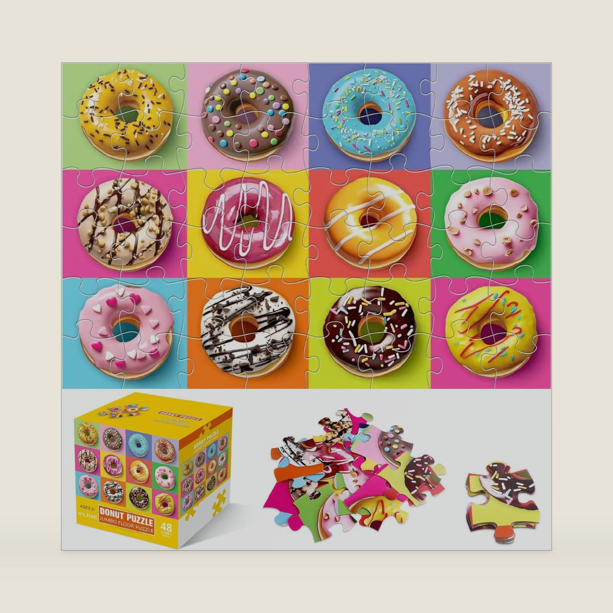 Jumbo Floor Puzzle for Kids,48 Piece Colorful Donut Jigsaw Puzzle Ages 3-8