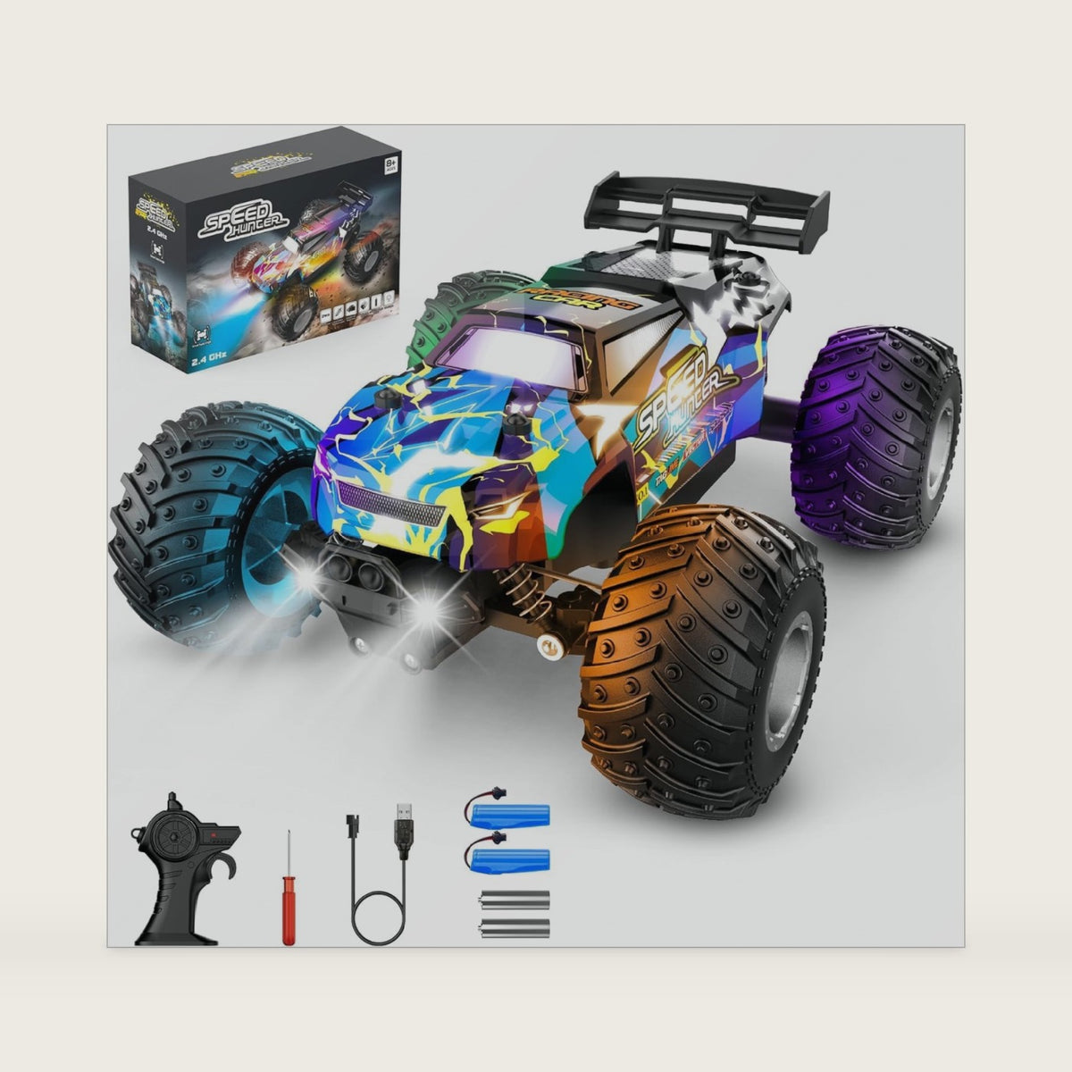All Terrain Remote Control Car for Boy with LED Lights 2 Batteries 20 KM/H