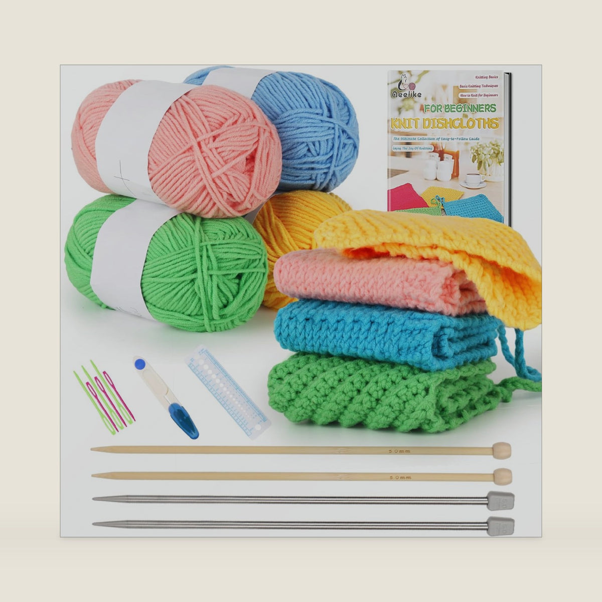 Aeelike Knitting Kit for Beginner Adult, Easy Dishcloth Knit Set, Color C