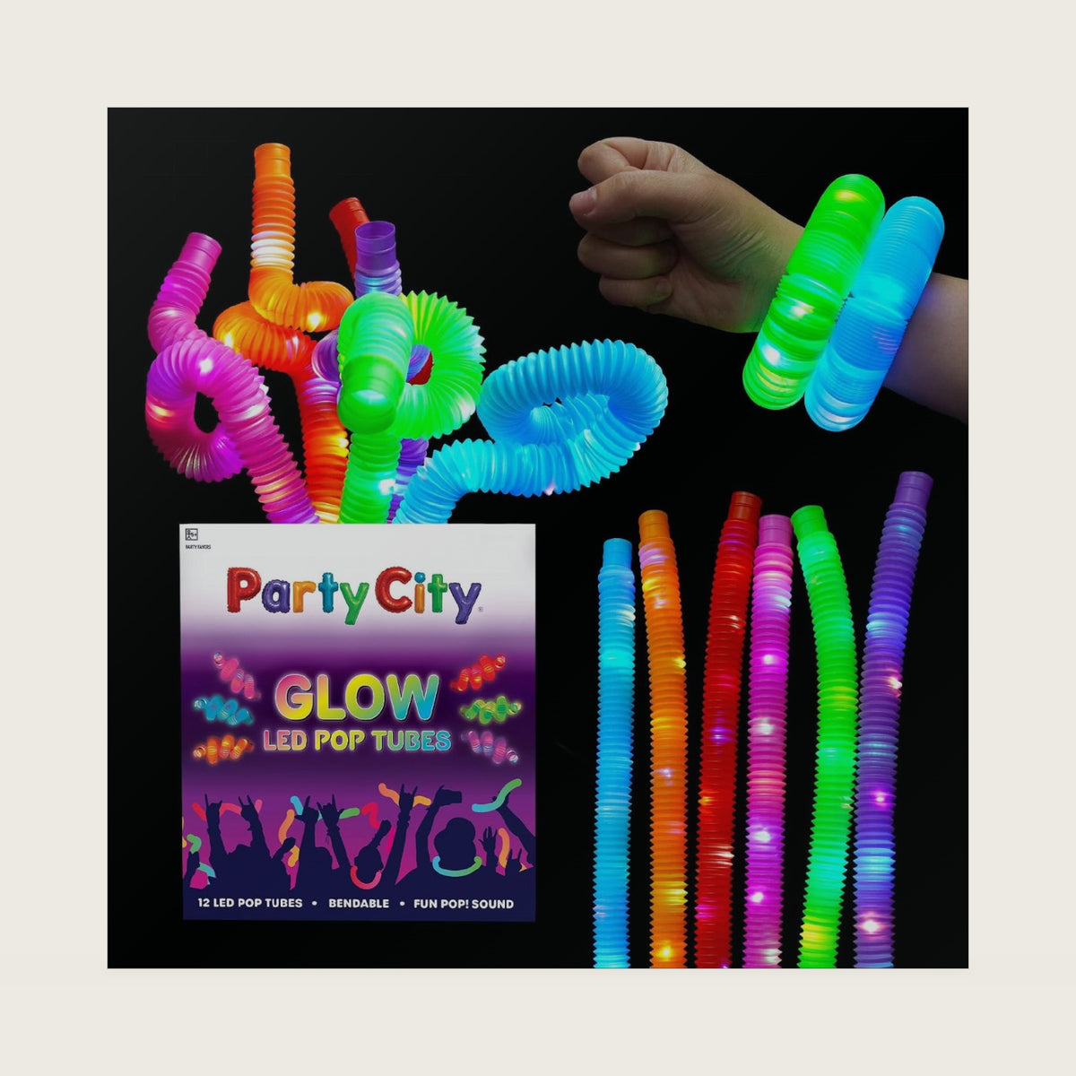 Party City 12pk LED Light Up Pop Tubes 25”- 3 Mode Stretchy Tubes LED Light Up Toys Bulk Glow Sticks Party Favors for Kids Necklaces Bracelets Neon Glow in the Dark Supplies Fidget Sensory Tube Pack