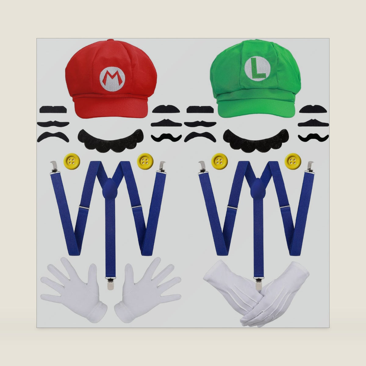 Humairc Super Bros Hats Accessories Set Mary Luigy Caps, Mustaches, Suspenders, Gloves Buttons Halloween Cosplay Costume