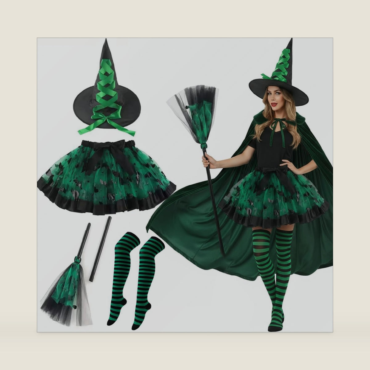 Fairytale Witch Cute Witch Costume Deluxe Set with Broom Hat Cloak Tutu Skirt for Teens Adult