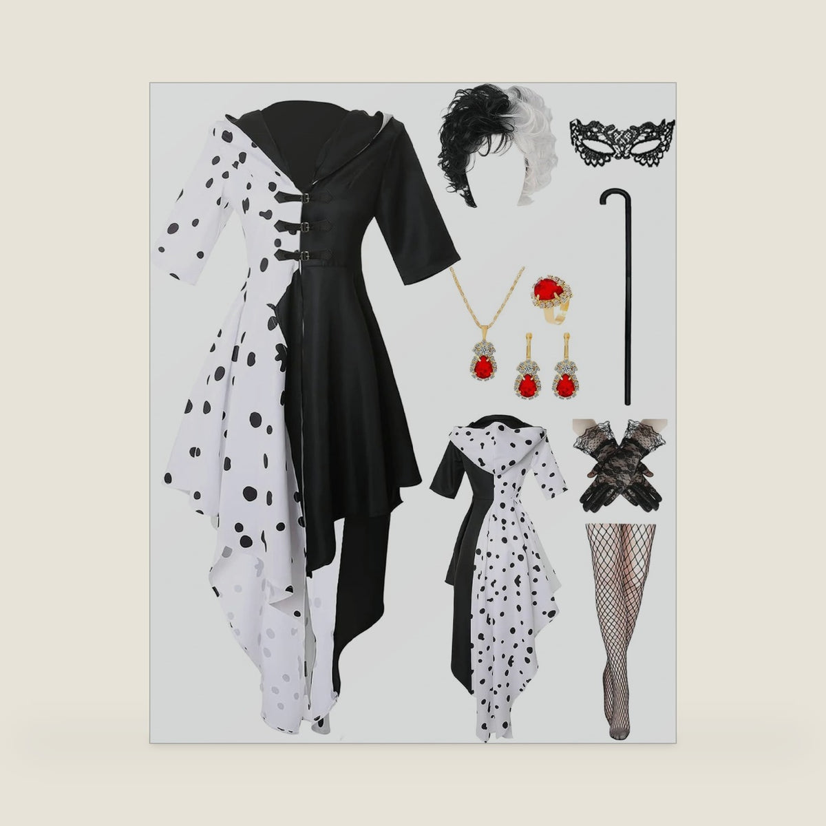 Minggo 9pcs Women Black and White Dalmatian Costume Dress Up Full Set with Wig for Halloween Cosplay