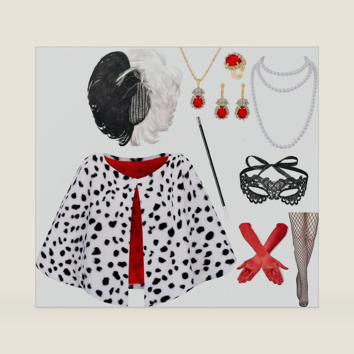 Minggo 10pcs Halloween Costume for Women 2025 Dalmatian Shawl Dress Up Cosplay Black White Coat with Wig Accessories for Adult