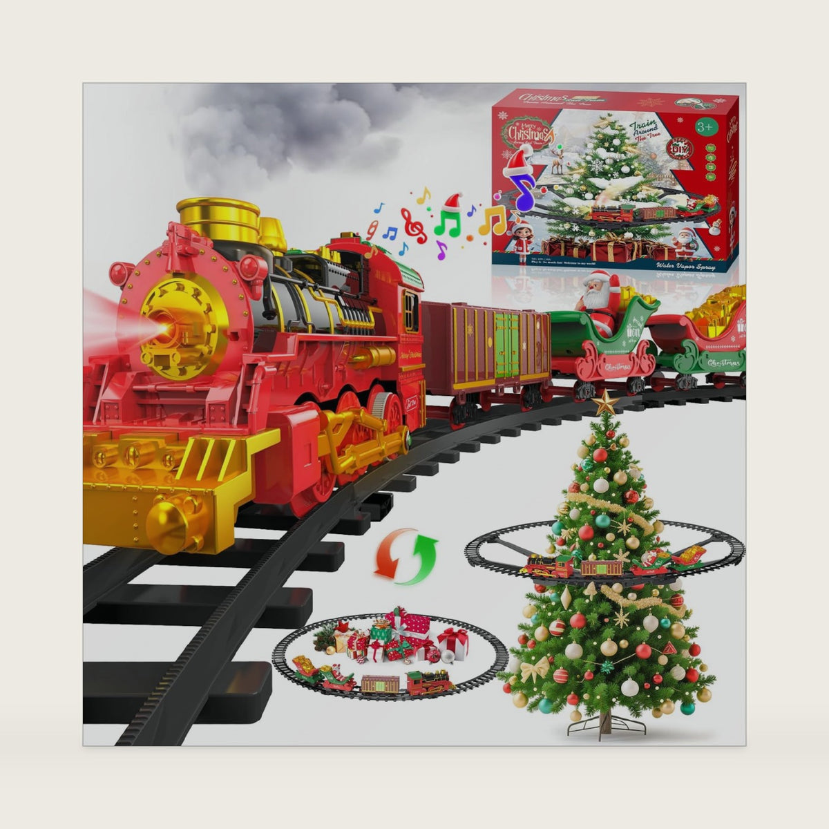 Hanging Christmas Train Set with Light/Smoke/Sound/Music, Toy Train Set Around Under the Christmas Tree, Christmas Toys Gift with Santa Claus, Christmas Tree Train Set for Kids 3-5 4-8