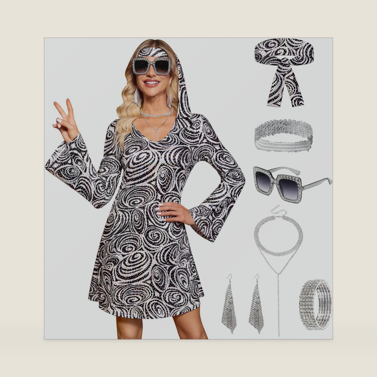 Clarisbelle Women's Halloween 7 Pcs Disco Dress Sequin 70s Costume Outfit