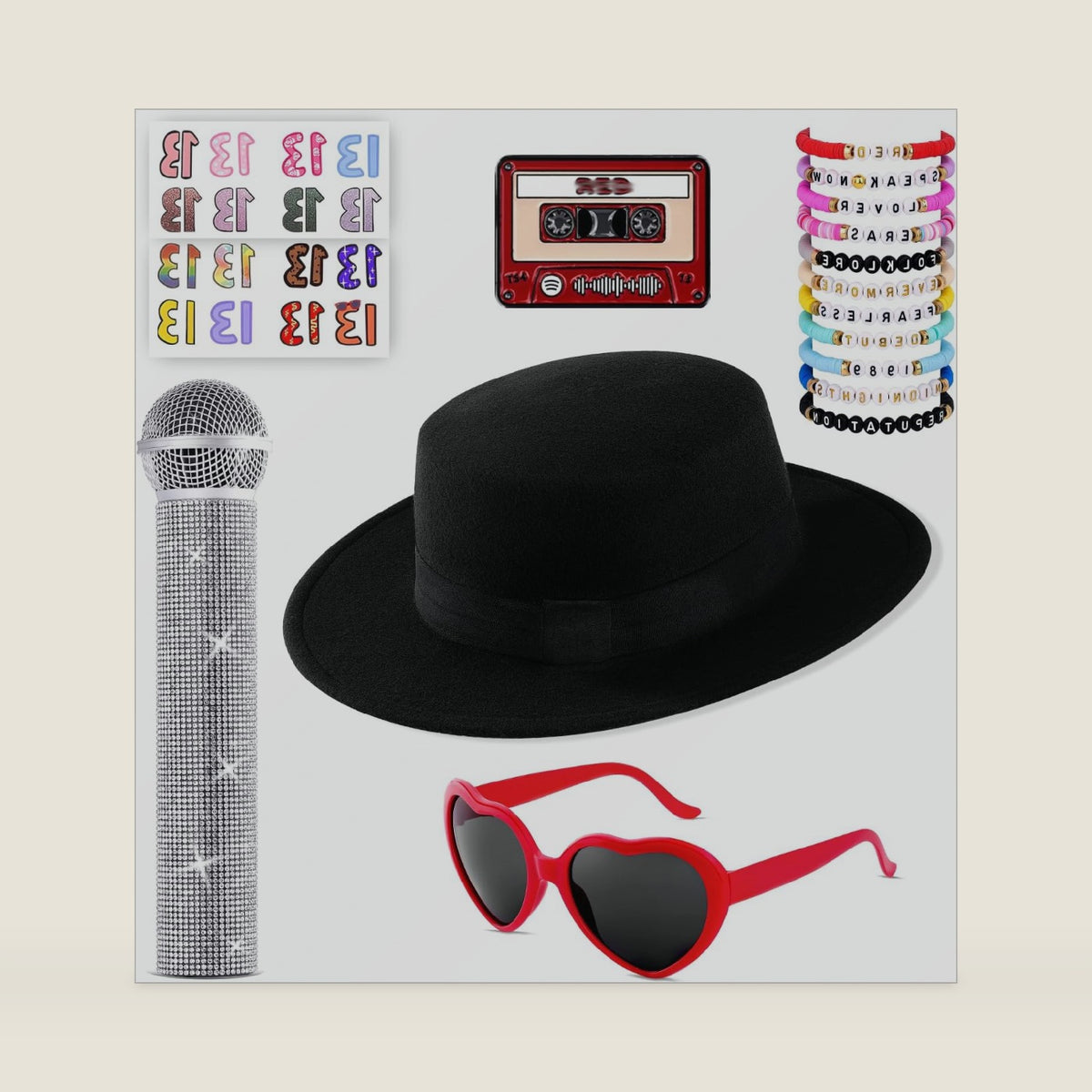 16 Pcs Halloween Singer Costume Accessories Set Black Hat Heart Sunglasses Singer for Cosplay Party Music Festival Concert