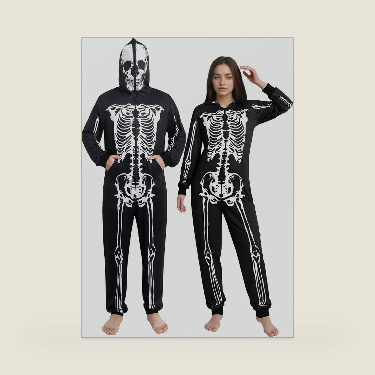 Halloween Skeleton Costume for Adults Full Body Jumpsuit with Hood and Face Print for Men Women One Piece Pajamas