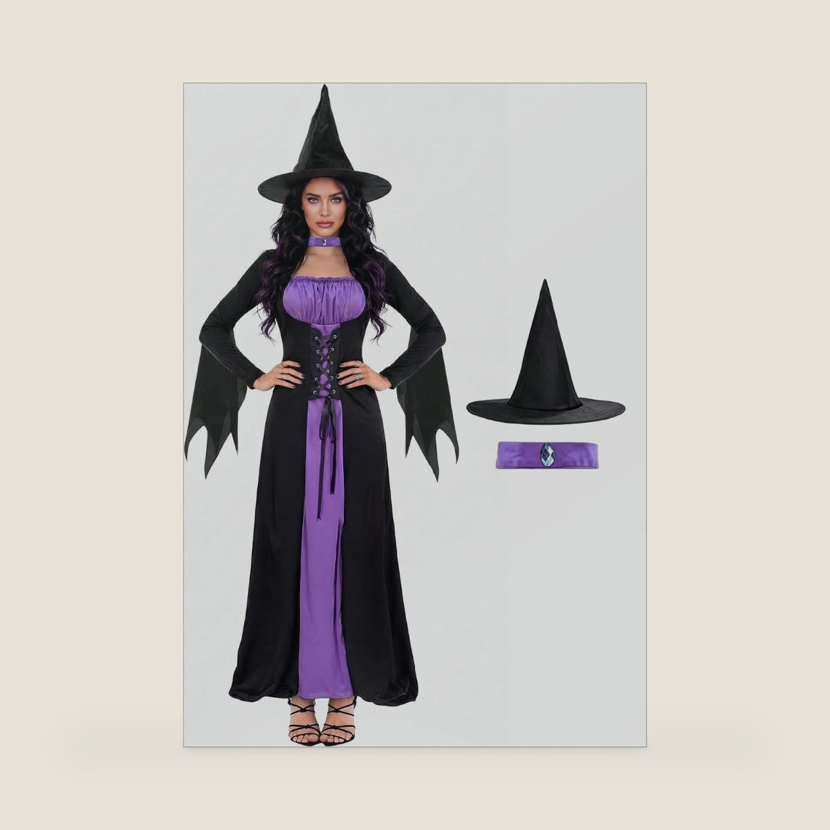 Witch Costume for Women,Adult Halloween Witch Outfit with Hat,Purple Gothic Long Sorceress Classic Dress