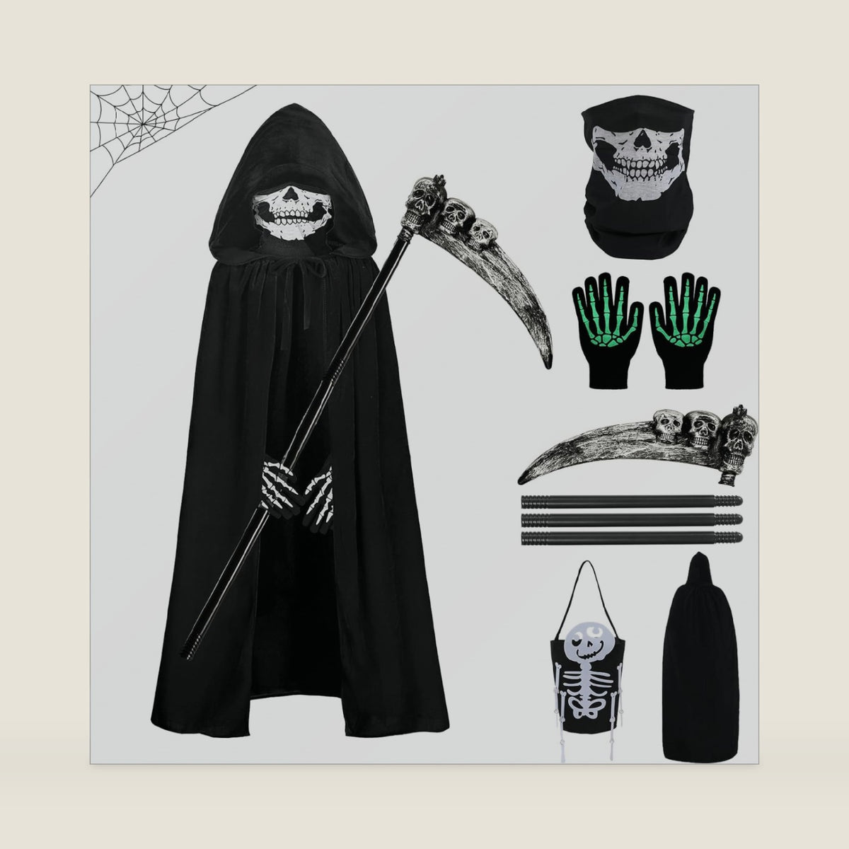 Halloween Grim Reaper Costumes Scary Adults Black Hooded Cloak Scythe Skull Mask Skeleton Gloves Candy Bags