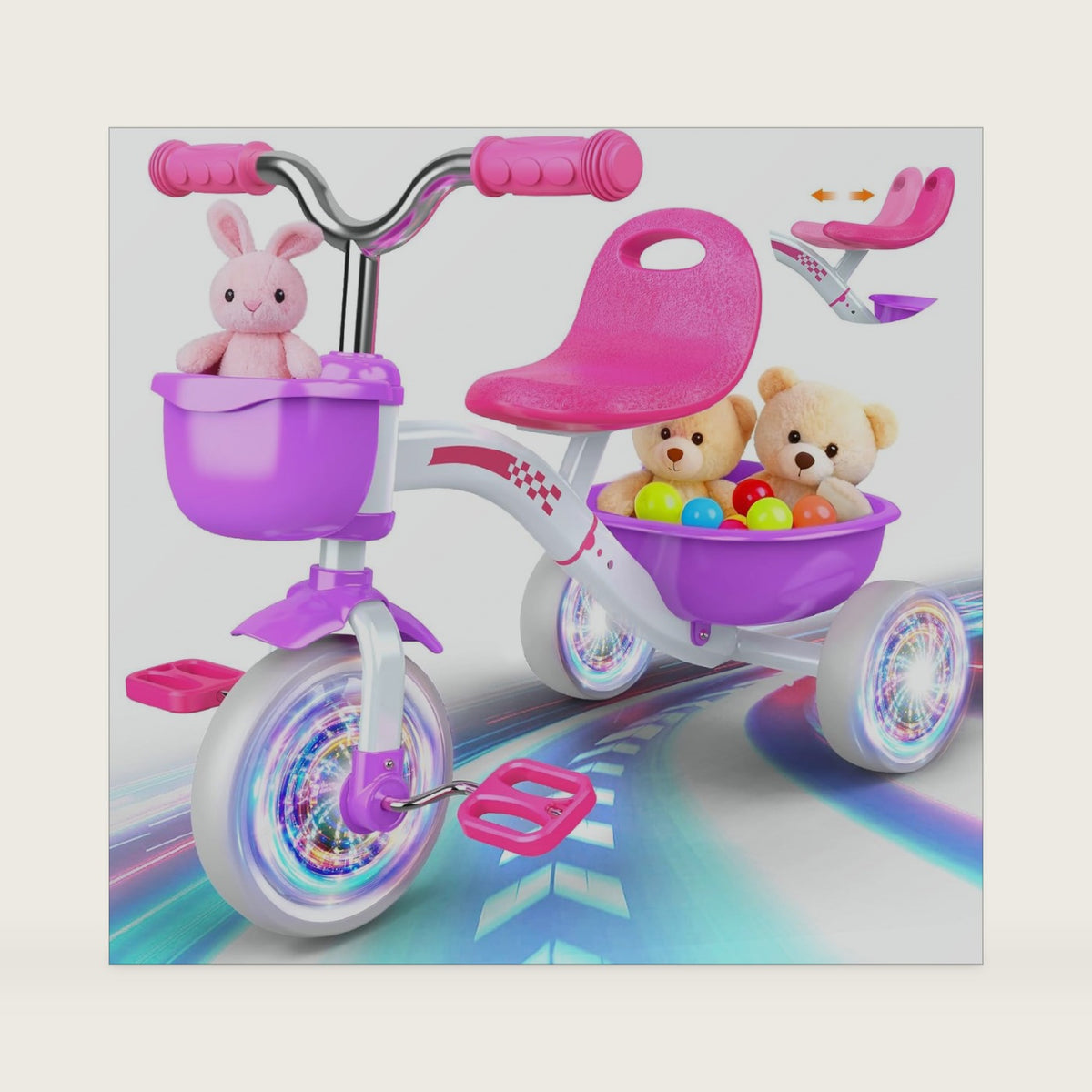 Kkdi Toddler Tricycle for 1-3 3-5 Year Olds, 2 3 4 5 Year Old Girl Birthday Gifts, Purple Toddler Baby Bike, 4-Level Adjustable Seat, 3 Color Light Wheels, 2 Baskets, Outdoor Riding Toys for Ages 2-4