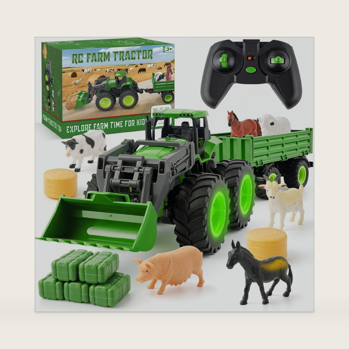 Remote Control Tractor Toy Set with Trailer & Farm Accessories, Light Up Farm Truck Toys for Boys & Girls 3, 4, 5, 6, 7 Year Old, 2.4 Ghz RC Tractor Toys, Ideal Christmas, Birthday Gifts for Kids