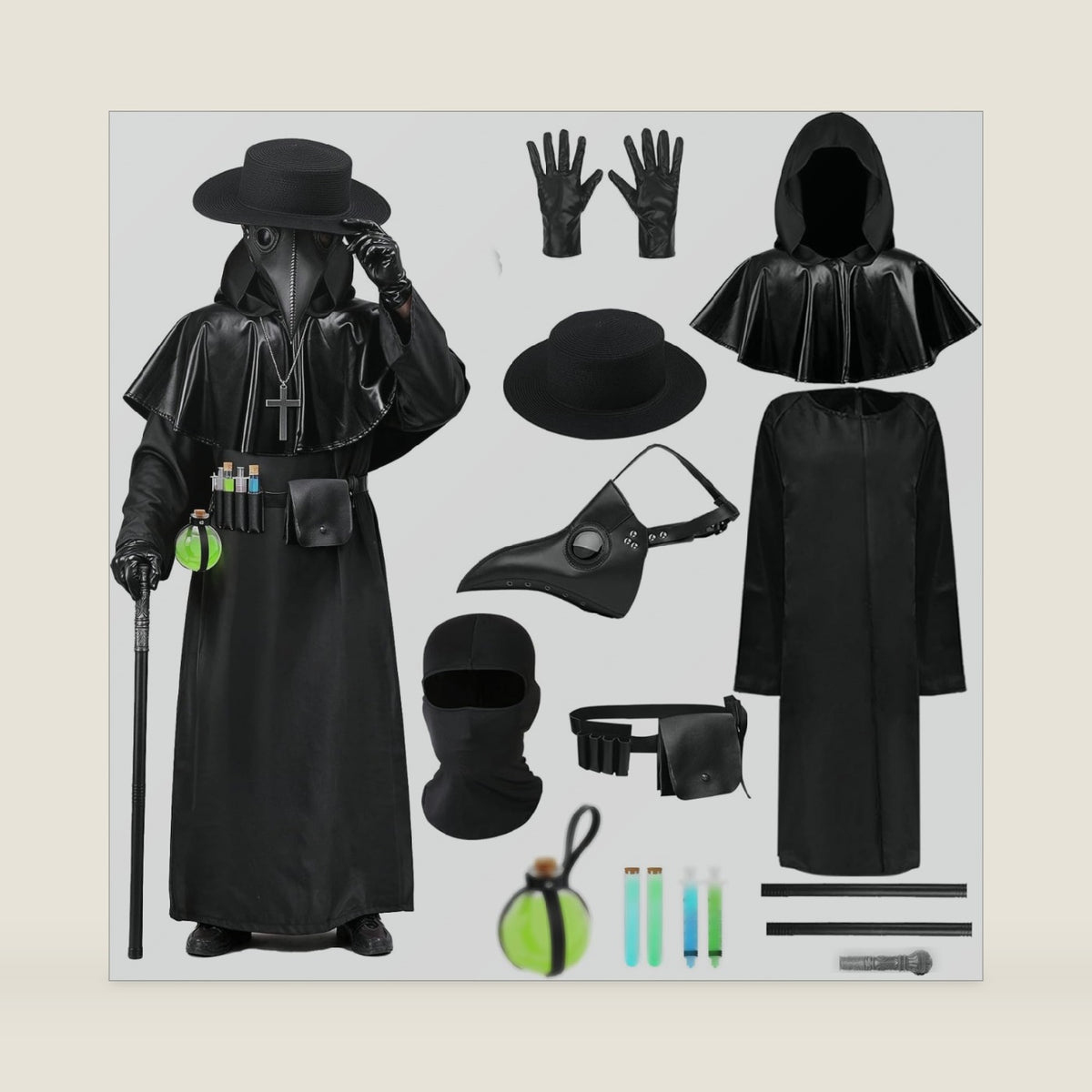 Plague Doctor Costume with Bird Beak Mask Hat Accessories Adult Dr Horror Scary Halloween Robe Outfit Set Cloak Gloves