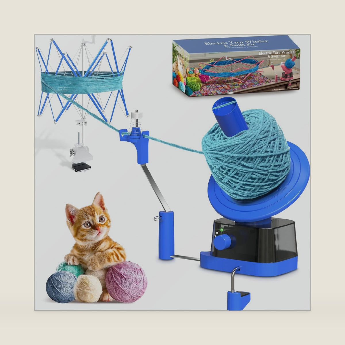 Electric Yarn Ball Winder & Swift Combo for Crocheting, Efficiently Cake with Strong Tension Adjustable Speed Up to 13 oz, Yarn Spinner Wool for Knitting Enthusiast (Blue)