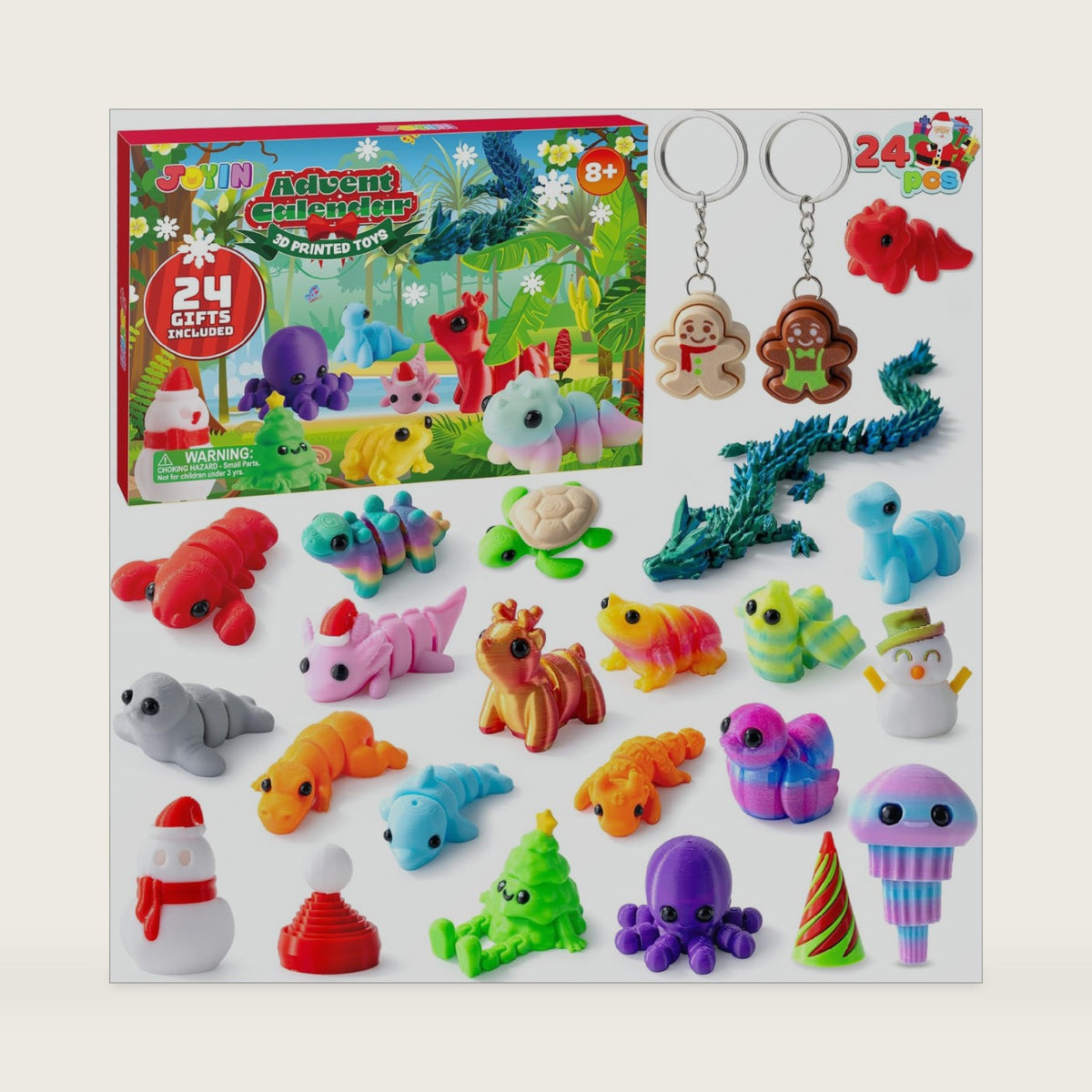 JOYIN 2025 Christmas Advent Calendar 3D Printed Toys, 24 Pcs 3D Printed Animal & Xmas Theme Toys, Christmas Countdown Calendar, Xmas Party Favors Supplies, Classroom Prizes, Fun Gifts for Kids