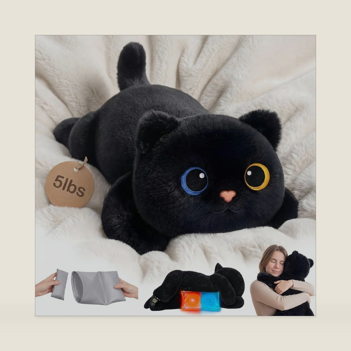 Mewaii Weighted Stuffed Animals Black Cat Plush, Heatable Coolable, 2-5lbs