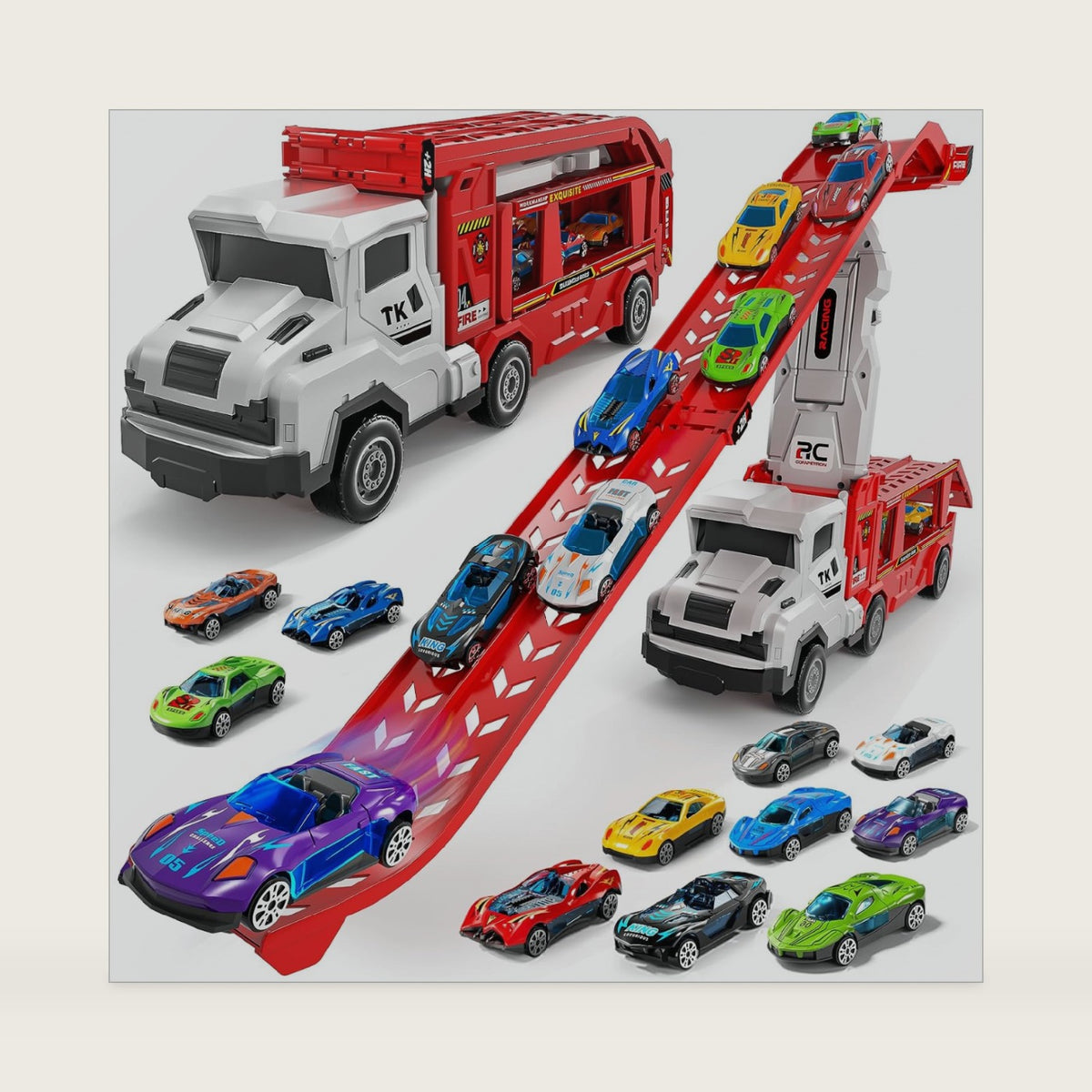 Transport Truck Toy with 12 Die-Cast Cars & Double Race Ramp Track for Kids