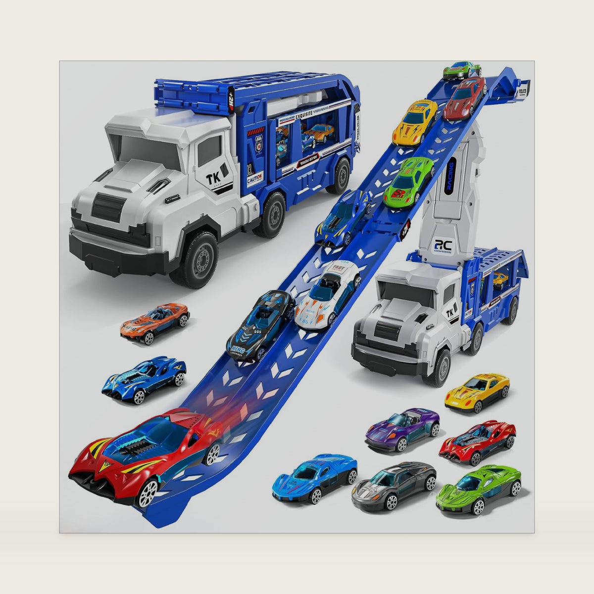 Transport Truck Toys for 3 4 5 6 7 Years Old Boys,Toys Cars Track Set Transporter Trucks with 12 Die-Cast Car Toys 2 Race catapults Dual-Track Model,Toddler Car Toy Set for Kids Boys Girls