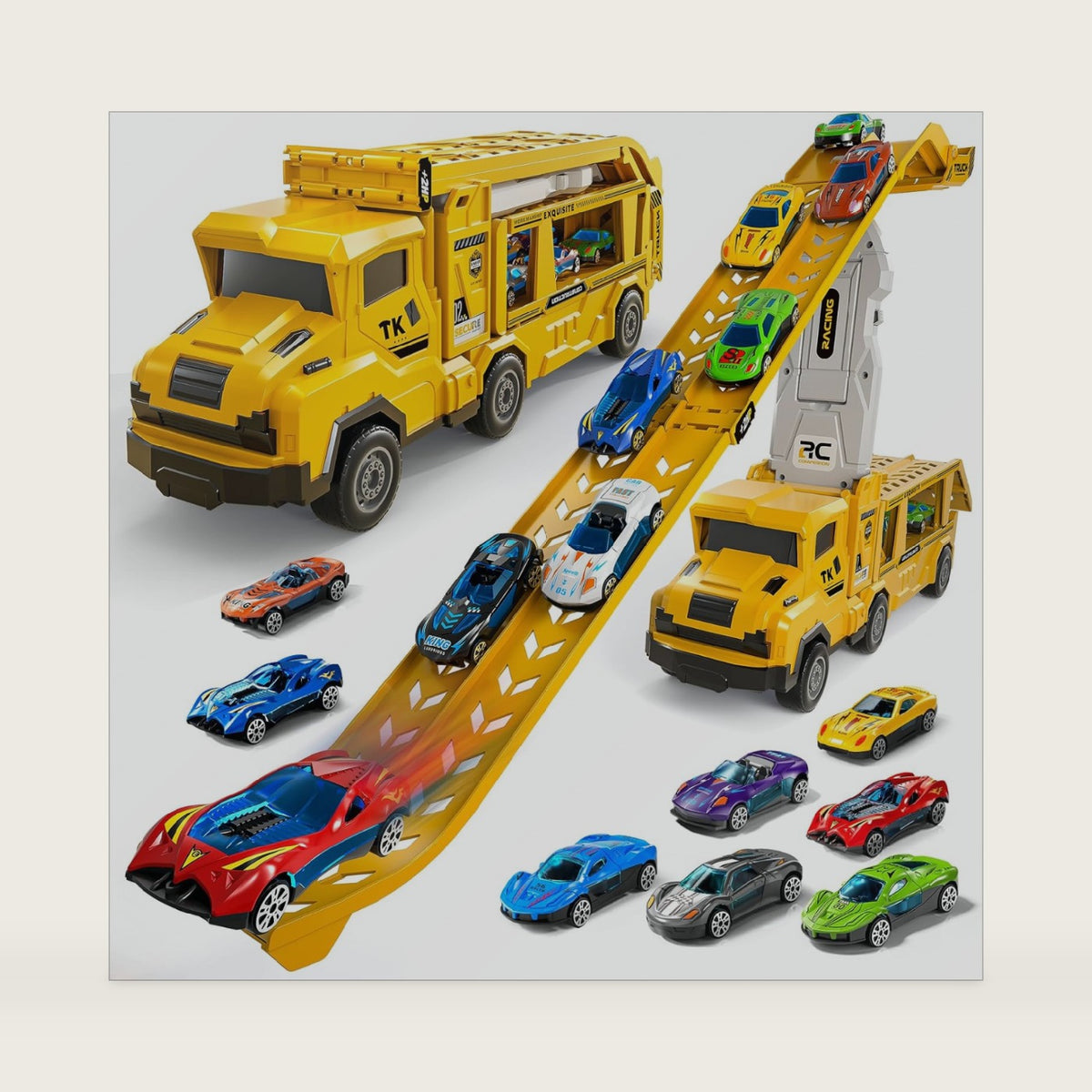 Transport Truck Toys for 3 4 5 6 7 Years Old Boys,Toy Cars Track Set Transporter Trucks with 12 Die-Cast Car Toys 2 Race catapults Dual-Track Model,Toddler Set for Kids Boys Girls,Yellow