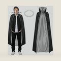 Halloween Vampire Cape Costume Set Black Silver Lining Cape Pearl Necklace